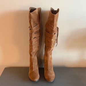 Sole Society Antoinette Cognac Tall Knee High Suede Heeled Boots